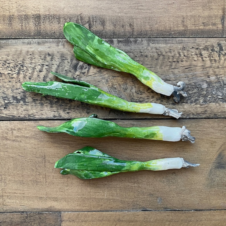 May include: Four ceramic green onions with white bulbs, arranged in a row on a wooden surface.