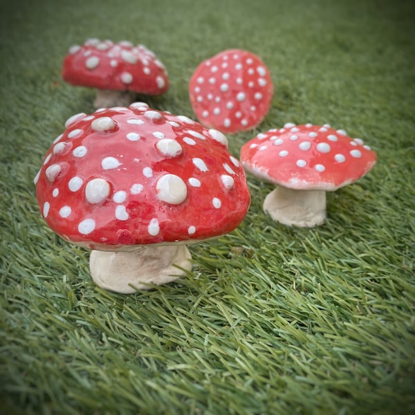 Ceramic Mushrooms Red Cap Amanita Mushroom Red Gray White Fungi Kitchen Home Decor Handmade Porcelain Pottery