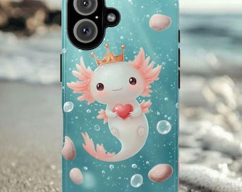 Peut inclure: Coque de téléphone bleu clair avec un axolotl de dessin animé tenant un cœur, portant une couronne dorée et entouré de bulles et d'accents roses. L'étui a une découpe pour caméra à double objectif.