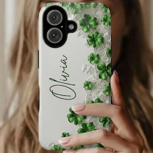 Custom Shamrock Phone Case for iPhone 17 Series Samsung Galaxy & Google Pixel, Personalized 4 Leaf Clover Phone Cover, St Patrick Day Gift