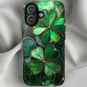 Shamrock Phone Case for iPhone 17 Series Samsung & Pixel St Patricks Day Gift Faux Stained Glass Lucky Phone Case 4 Leave Clover Phone Cover