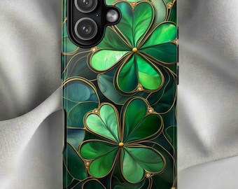 Shamrock Phone Case for iPhone 17 Series Samsung & Pixel St Patricks Day Gift Faux Stained Glass Lucky Phone Case 4 Leave Clover Phone Cover