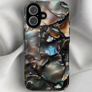 May include: A smartphone case with a pearlescent design. The case features a pattern of iridescent, swirling colors including black, brown, and blue. The phone case has a dual-lens camera.