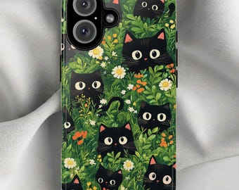 Cute Cat Phone Case, Kawaii Black Cat Floral Iphone 16 15 14 13 Pro Max Plus, Samsung Galaxy, Pixel Cover, Birthday Gift For Lady Cat Lover