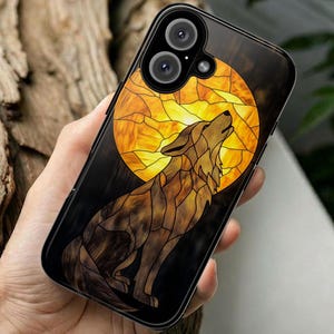 Wolf Phone Case for iPhone 17, Samsung S26 & Pixel, Stained Glass Howling Wolf Phone Cover, Mystical Moon Mobile Cover