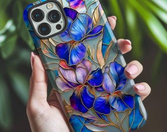 Stained Glass Iris Phone Case for iPhone, Samsung & Pixel, Blue Purple Flower, Floral Art Nouveau Cover