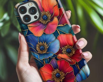 Stained Glass Floral Phone Case for iPhone 17 16 15 14 Samsung & Pixel August Birth Flower Poppy Art Red Blue Flower Cover, Botanical Design