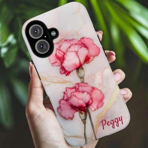 Personalized Carnation Floral Phone Case for iPhone, Samsung, Pixel: Gold Alcohol Ink Art
