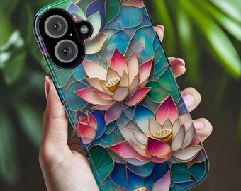 Stained Glass Lotus Phone Case for iPhone, Samsung & Pixel, Floral Art Cover, Elegant Gold Accent Flower Design, Aesthetic Botanical Gift