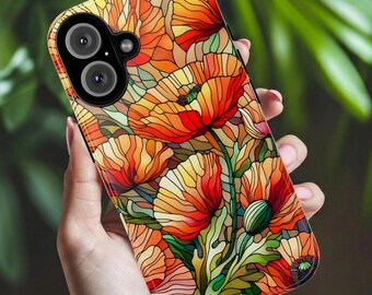 August Birth Flower Poppy Phone Case, Faux Stained Glass Wildflower Cover For iPhone 16 15 14 13 Plus Pro Samsung Pixel, Birthday Xmas Gift