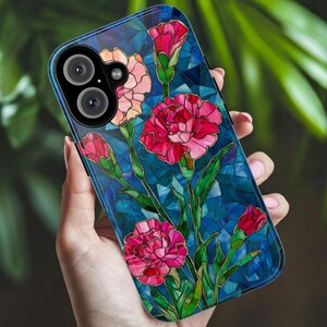 Stained Glass Carnation Phone Case for iPhone, Samsung & Pixel, Vibrant Floral Mosaic Art, Pink Flower Lover Gift, Unique Botanical Design
