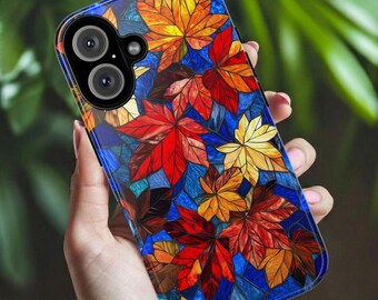 Stained Glass Maple Leaves Phone Case for iPhone, Samsung & Pixel, Autumn Fall Foliage Cover, Colorful Leaf Design, Nature Lover Gift
