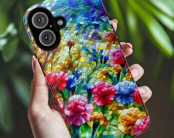 Stained Glass Carnation Phone Case for iPhone 17 Series, Samsung Galaxy S26, Google Pixel 9: January Birth Flower Gift for Mothers Day