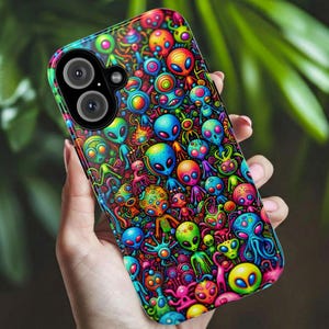 Whimsical Alien Phone Case, Colorful Sci Fi Mobile Cover For Iphone 16 15 14 13 Pro Plus Samsung Pixel Quirky Birthday Gift For Alien Lover