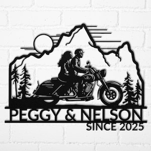 Custom Motorcycle Couple Metallic Wall Art, Laser Cut Metal Sign Personalized Biker Couple Names Motorbike Wedding Gift For Motorcycle Lover