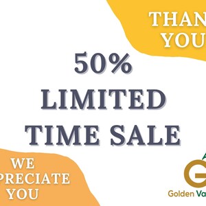 Sale announcement graphic stating fifty percent limited time sale with gold and white accents.