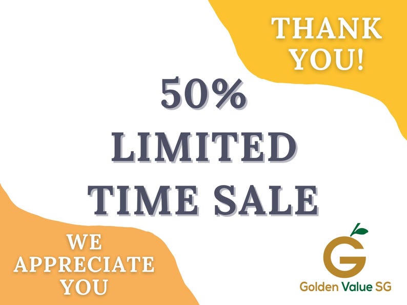 Sale announcement graphic stating fifty percent limited time sale with gold and white accents.