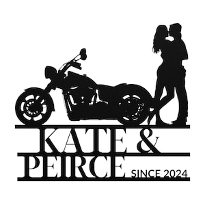 Personalized Motorcycle Couple Metal Wall Art, Custom Biker Names & Date Metallic Biker Couple Love Gift, Motorcycle Wall Decor Wedding Gift