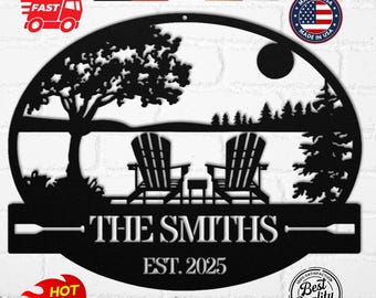 Personalized Lake House Metal Sign: Custom Family Name, Lakeside Cabin Life Art, Adirondack Chairs
