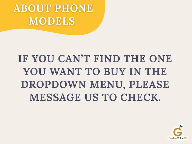 Text advises customers to message the seller to check availability if a specific phone model is not in the dropdown menu.