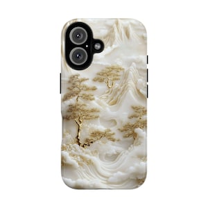 Unique White Jade Carving Phone Case, Chinese Art Landscape Golden Tree Cover, Iphone 16 15 14 13 Pro Max Plus, Galaxy Pixel, Birthday Gift