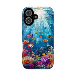 Stained Glass Ocean Phone Case, Vibrant Undersea Art Mobile Cover for iPhone Samsung Pixel,  Colorful Marine Life Design, Sea Lovers Gift