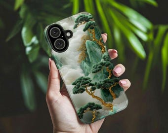 Unique Jade Carving Phone Case, Chinese Art Landscape Golden Tree Design Cover, Iphone 16 15 14 13 Pro Max Plus, Galaxy Pixel, Birthday Gift