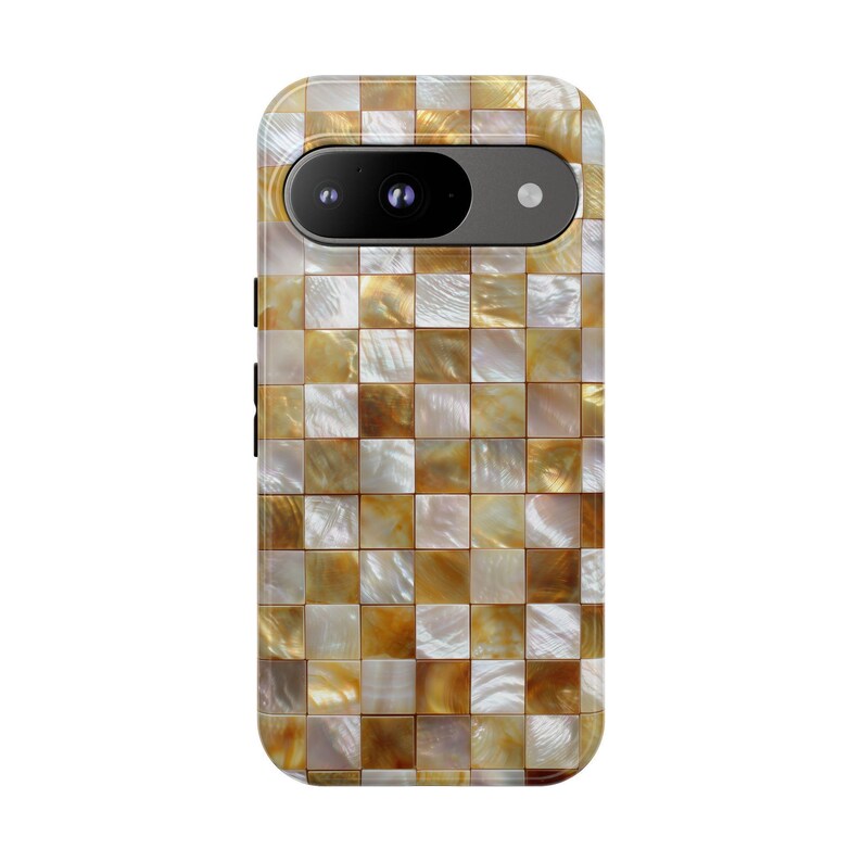 Phone case back with a horizontal camera cutout and an iridescent mosaic tile design in golden and white tones.