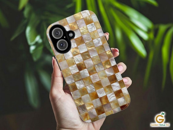 Gold Mosaic Luxury Phone Case for iPhone 17, Samsung S26 & Pixel 9, Iridescent Pearl Tile Design, Aesthetic Glamorous Gift, Elegant Cover