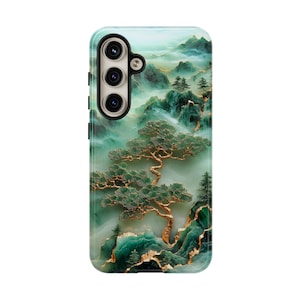 Unique Jade Carving Phone Case with Chinese Art Landscape Golden Tree Cover, Iphone 16 15 14 13 Pro Max Plus, Galaxy Pixel, Birthday Gift