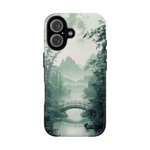 Coque de portable paysage asiatique brumeux pour iPhone, Samsung et Pixel : pont zen, art montagne rivière