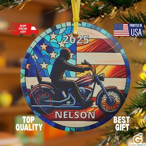 Custom Motorcycle GLASS Christmas Ornament With Rider, Faux Stained Glass Biker Xmas Keepsake Gift For Motorbike Lover Dad Boyfriend & Club