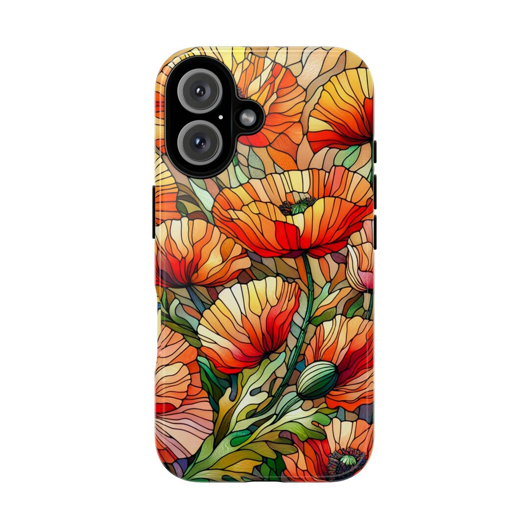 August Birth Flower Poppy Phone Case, Faux Stained Glass Wildflower ...