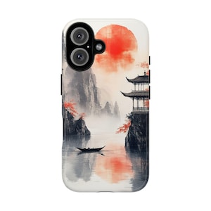 Coque de portable asiatique, jardin pagode et soleil rouge avec paysage pittoresque de montagne et rivière pour mobile pour iPhone Samsung Pixel, cadeau pour amoureux du Japon