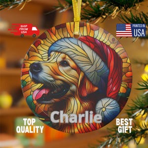 Custom Golden Retriever Christmas GLASS Ornament, Faux Stained Glass Personalized Name Dogs Ornament Gift For Golden Owners Mom & Pet Lovers