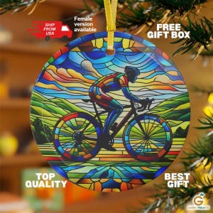 Cyclist GLASS Ornament Stained Glass Design, Keepsake Gift For Bike Lovers & Avid Cyclist Father or Son, Christmas Tree Road Bike Xmas Decor