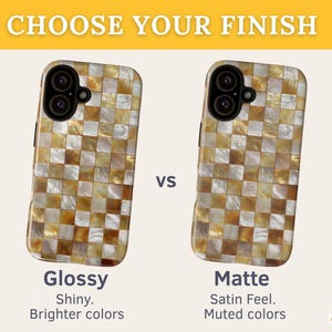 An infographic compares glossy and matte finishes for the gold mosaic phone case design.