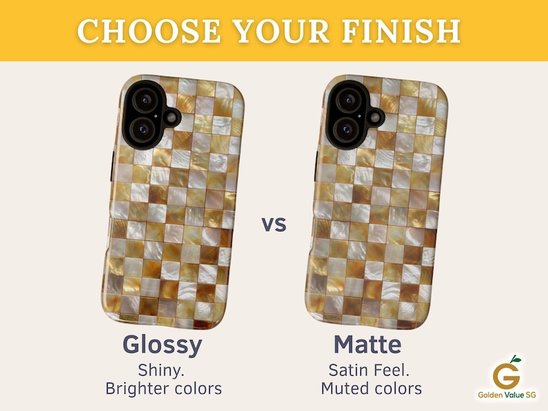 An infographic compares glossy and matte finishes for the gold mosaic phone case design.