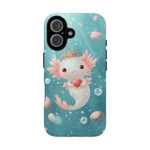Kawaii Axolotl Phone Case with Crown and Heart for iPhone, Samsung & Pixel | Cute Animal Lover Gift | Underwater Kingdom Aesthetic