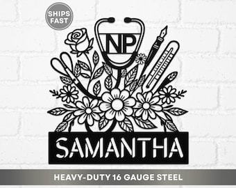 Personalized NP Nurse Metal Sign, Custom Nurse Practitioner Name Sign Stethoscope Frame Wall Art NP Graduation Gift Nurse Practitioner Gift