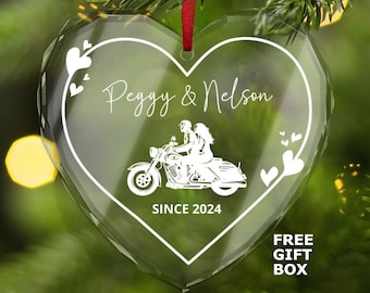 Personalized Motorcycle Couple GLASS Ornament, Custom Names Unique Motorbike Engagement Wedding Anniversary Keepsake Gift For Biker Couple