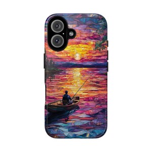 Angeln Handyhülle, Glasmalerei Muster Mobile Cover für iPhone 16 15 14 13 Plus Pro Max Samsung Pixel Geburtstag Geschenk für Angeln Liebhaber