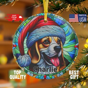 Custom Beagle Christmas GLASS Ornament, Faux Stained Glass Personalized Name Dog Ornament Xmas Decor Gift For Beagle Owners Mom, Dad & Lover