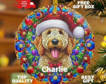 Custom Goldendoodle Christmas GLASS Ornament, Faux Stained Glass Personalized Name Dog Ornament Gift For Goldendoodle Owners Mom & Pet Lover