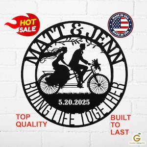 Custom Bride and Groom Cycling Metal Art, Personalized Cyclist Couple Wedding Celebration Gift For Bicycle Lovers, Commemorative Keepsake