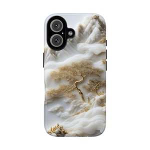 Unique White Jade Carving Phone Case - Chinese Landscape Art with Golden Tree for iPhone, Samsung Galaxy, Google Pixel