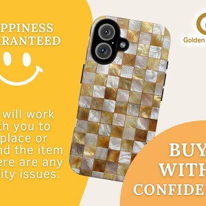 A happiness guarantee infographic features a smiley face and text offering replacements or refunds for quality issues.