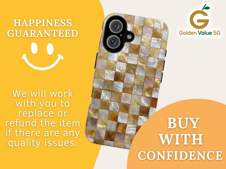 A happiness guarantee infographic features a smiley face and text offering replacements or refunds for quality issues.