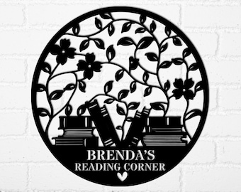 Personalized Reading Corner Decor Metal Sign, Custom Book Lover Gift, Floral Bookworm Decor, Library Wall Art, Reading Nook For Bookworms