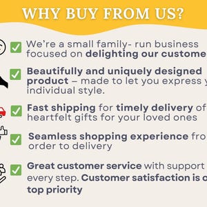 Informational graphic detailing five reasons to buy from the shop next to icons and checkmarks on a light background.